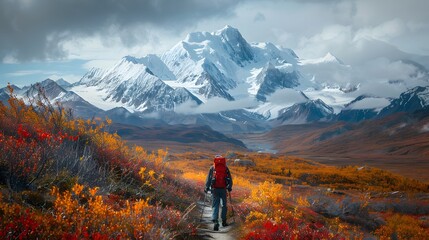 A hiker treks along a winding mountain trail, the snow-capped peaks towering above, their rugged...