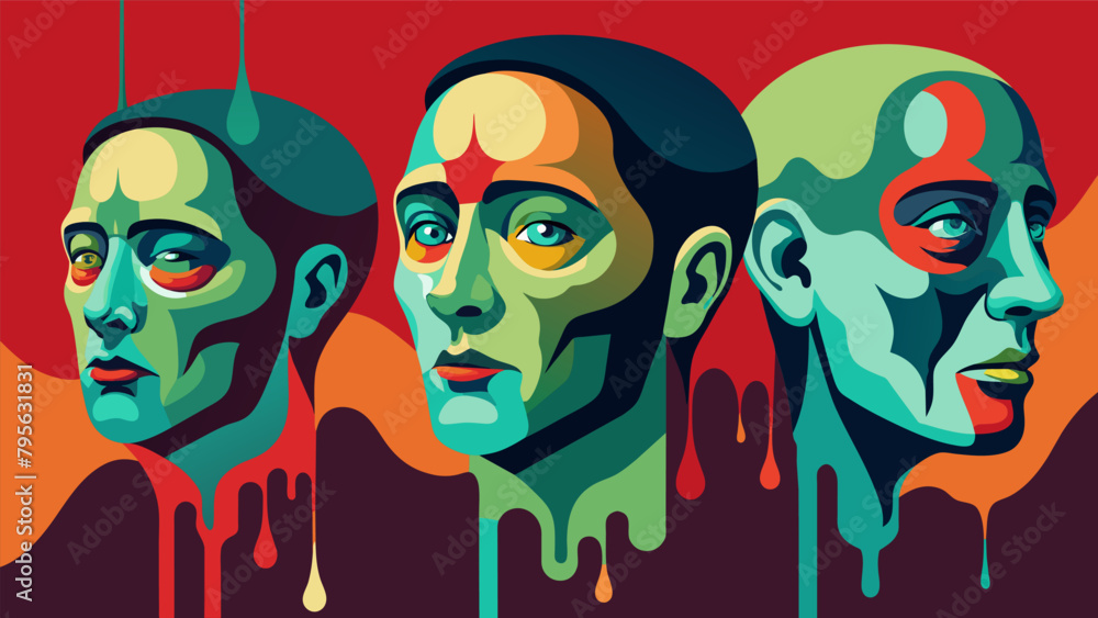 Poster a series of paintings featuring distorted melting faces depicting the idea of altered perception and