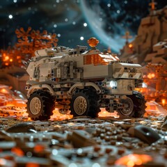 Fragment of the minifigure of the Soviet military truck of the Second World War at night. children's military space toy
