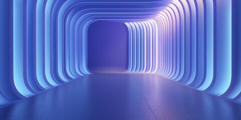 Große Räume und Eingänge mit leuchtenden blauen LED Lichter, ai generativ