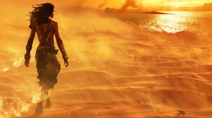 Desert Wanderer at Sunset with Majestic Golden Sand Dunes