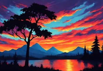 Silhouette tree  beautiful painting 