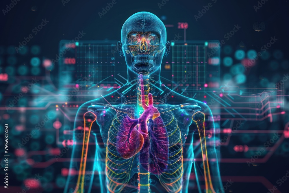 Poster a computer generated image of a human body with a heart and lungs. the image is colorful and vibrant