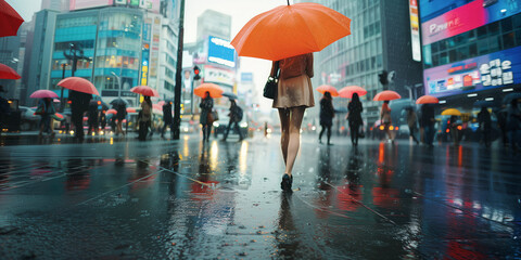 Obraz premium 雨の日の都会で傘をさして歩く人々