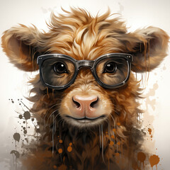 Watercolor cow wearing glasses, clipart Illustration, Generative Ai