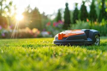 closeup of robotic lawn mower in a garden