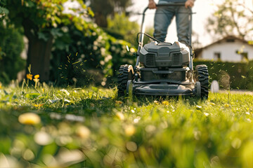 closeup of man with lawn mower cutting grass