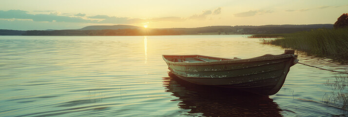 small boat on a lake at sunset