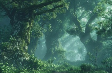 Mystical forest with towering trees 