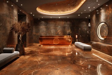 Reflective surfaces and metallic accents convey a sense of luxury and refinement.