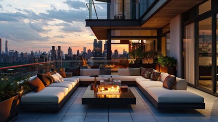 a sleek and modern terrace featuring glass railings, an outdoor sectional sofa, and a minimalist fire table, set against the backdrop of a dramatic skyline.