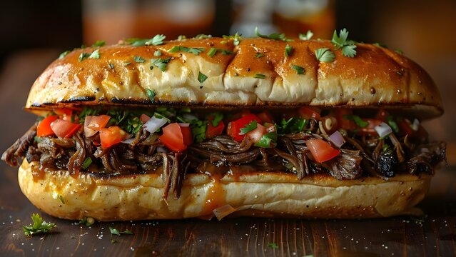 Mexican Suadero Torta traditional sandwich with slo. Concept Hi! It seems like your message got cut off, Would you like me to continue helping you with the Mexican Suadero Torta sandwich?