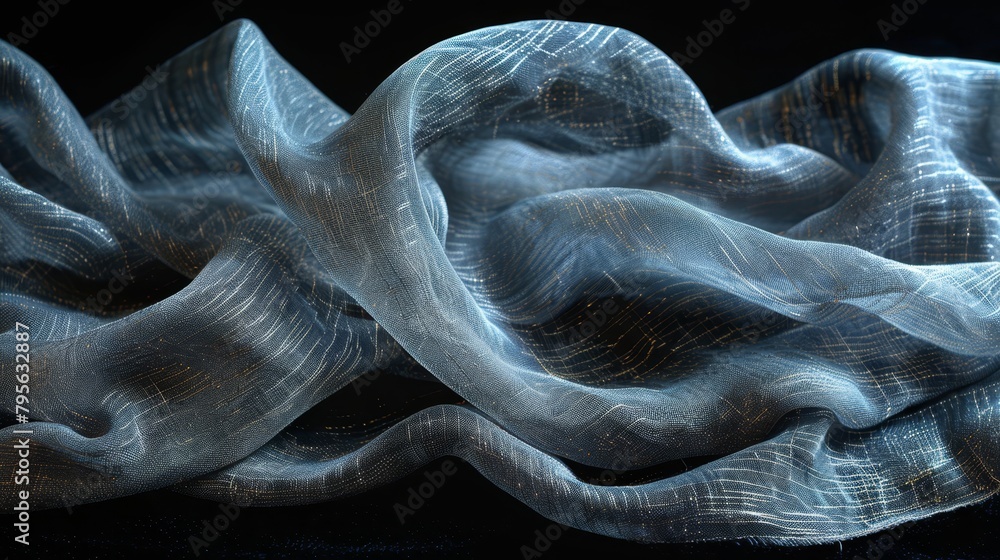 Poster a tight shot of a wavy object against a pitch-black backdrop, featuring a hazy rendering of another 