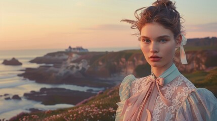 Serene Coastal Portrait: Elegant Woman, Sunset Ocean View, Picturesque Cliffs