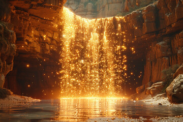 A cascade of glowing particles falling through a digital canyon, creating a mesmerizing display of light and shadow.