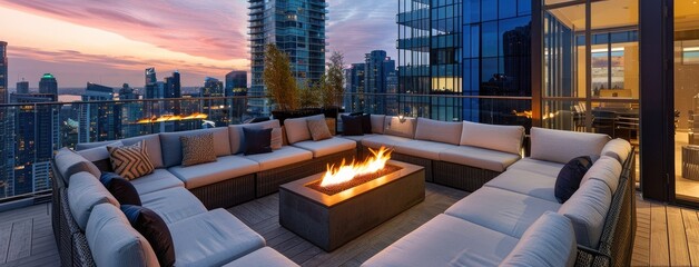 a sleek and modern terrace featuring glass railings, an outdoor sectional sofa, and a minimalist fire table, set against the backdrop of a dramatic skyline.