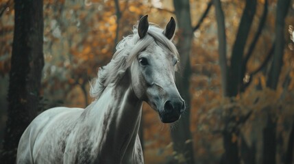 Majestic Horse Amidst Autumn Foliage. Generative AI