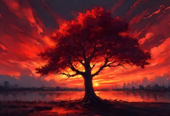 Beautiful red tree with dark background 