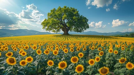 Ancient olive tree in the center of a sunflower field