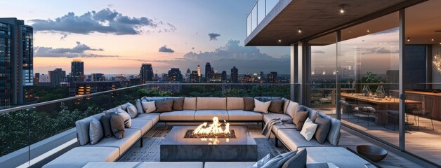 Fototapeta premium a sleek and modern terrace featuring glass railings, an outdoor sectional sofa, and a minimalist fire table, set against the backdrop of a dramatic skyline.