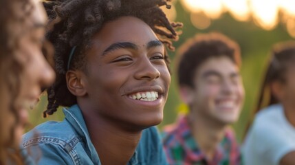Smiling Teenager Enjoying Time with Friends at Sunset