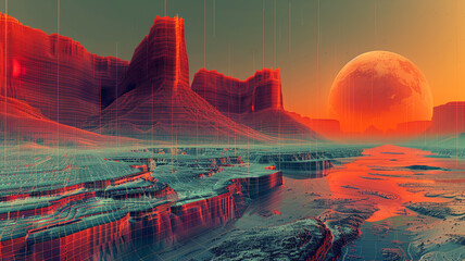 A glitched landscape where reality seems to fracture and distort, with pixelated mountains and valleys creating a surreal and unsettling scene.