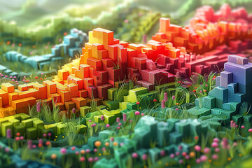 A pixelated landscape unfolding in layers of depth and dimension, each block of color forming a pixel in a digital mosaic of infinite possibility.