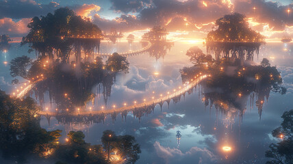 A surreal landscape of floating islands suspended in a luminescent sky, connected by bridges of light and shadow.