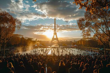 Stunning inauguration at the foot of the Eiffel Tower, intertwining athleticism with Parisian charm - obrazy, fototapety, plakaty