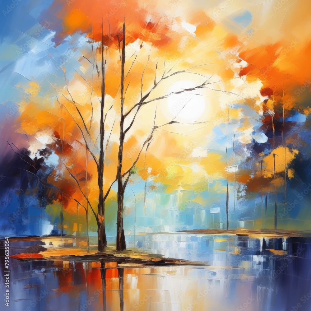 Canvas Prints watercolor autumn landscape. colorful tree with leaves and sunset in the park