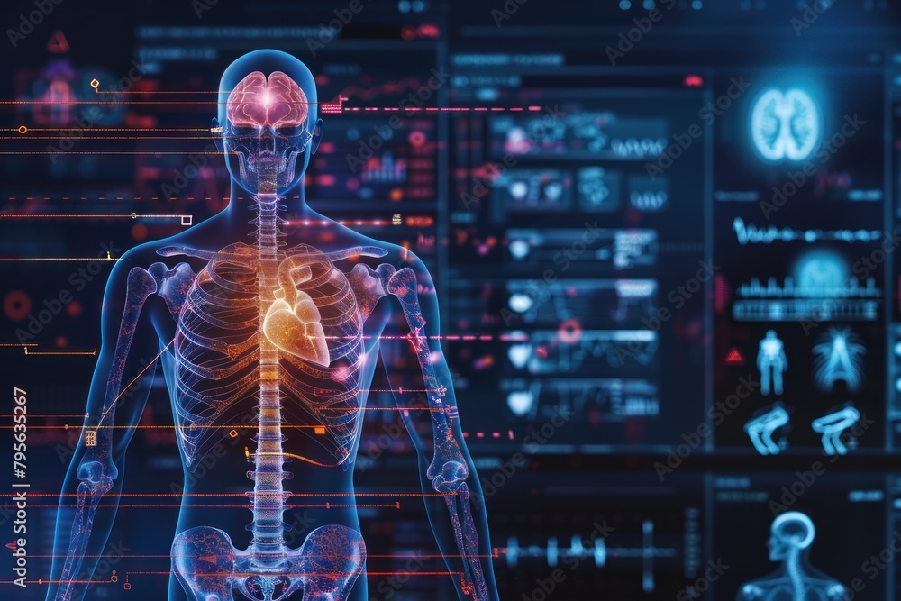 Poster a computer monitor displays a man's skeleton with a heart on it. the heart is surrounded by a red ci