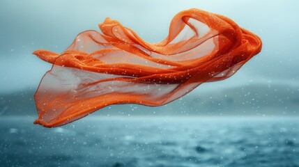   A scarf, orange in hue, drifts above tranquil waters In the backdrop, a boat and distant horizon lie