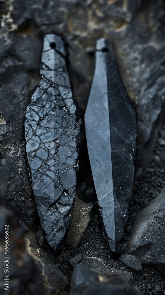 Poster two black objects with a sharp point on the end