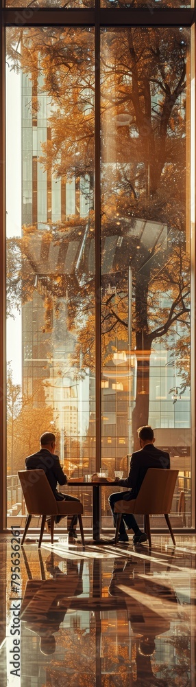Poster two men sitting at a table in a room with a view of trees