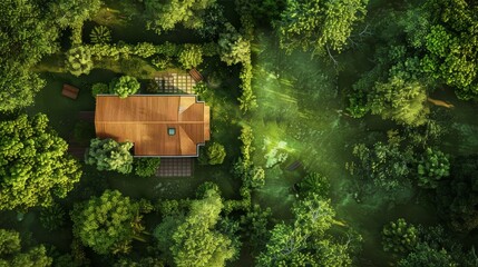 Aerial view of modern wooden house among green trees with sunlight. Eco-living and architecture concept