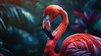 A Vibrant Flamingo Amidst Lush Greenery. Generative AI - obrazy, fototapety, plakaty