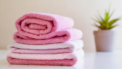 Stack of folded pink towels on table, light wall on background. Home laundry. Housekeeping concept