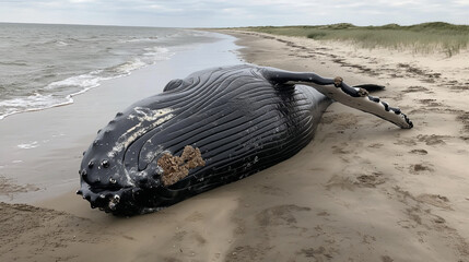 A humpback whale stranded on a beach.