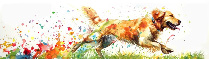 Obraz premium A dog wags its tail in the park, each wag captured in bright watercolor splashes, spreading joy and energy, bright water color