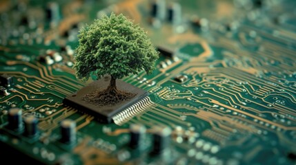 Obraz premium The bottom angle view of the growing green tree on the cpu on the land of the greenish mainboard and yellowish circuits of the motherboard that seem so large and make the tree looks so small. AIGX03.