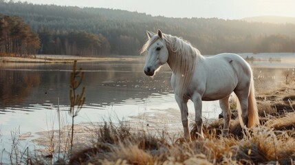 Obraz na płótnie Canvas A Lone White Horse by the Lakeside. Generative AI