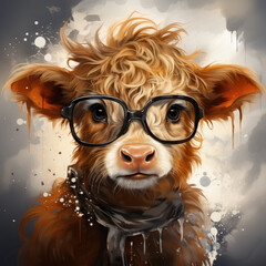 Watercolor cow wearing glasses, clipart Illustration, Generative Ai