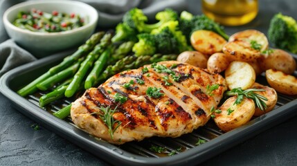 juicy grilled chicken, expertly sliced and accompanied by grilled potatoes, broccoli, and asparagus, in a mouthwatering real photo capturing the essence of a delicious meal.
