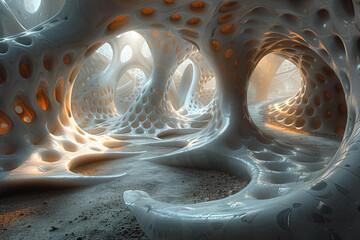 Abstract sculptures of light and shadow casting intricate patterns on the walls of a digital...