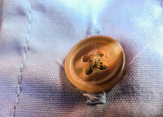 Macro of brown button stitched on a shirt