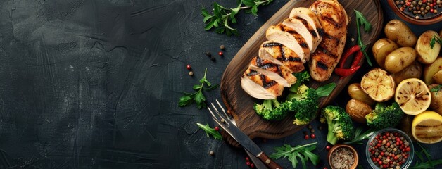 juicy grilled chicken, expertly sliced and accompanied by grilled potatoes, broccoli, and asparagus, in a mouthwatering real photo capturing the essence of a delicious meal. - obrazy, fototapety, plakaty