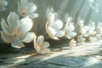 Layers of translucent petals floating on a virtual breeze, casting delicate shadows on the textured ground below.