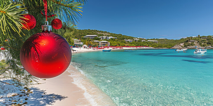 A red christmas ornament hangs from a tree branch. The tree is near a beach with a blue ocean