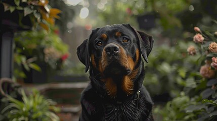 portrait of a rottweiler dog in a beautiful garden. Generative AI - obrazy, fototapety, plakaty