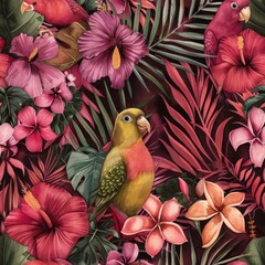 Tropical Parrots and Exotic Flowers Seamless Pattern
